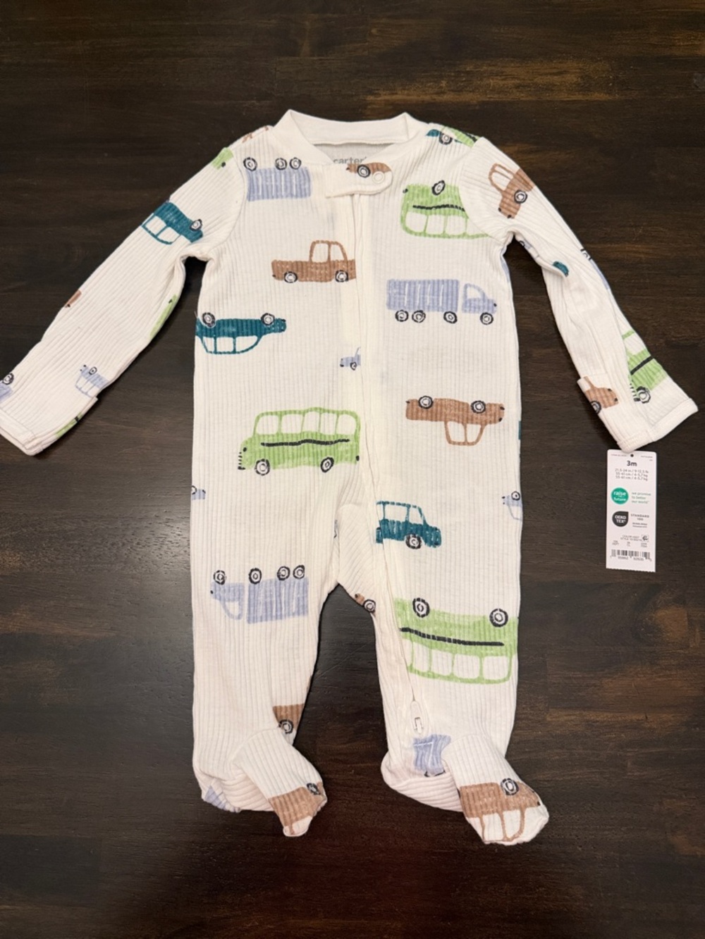 Carter's Cream Ribbed Footed One-Piece with Cars - 3M